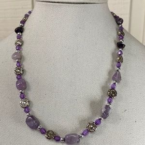Polished amethyst stone and floral silver plated bead necklace